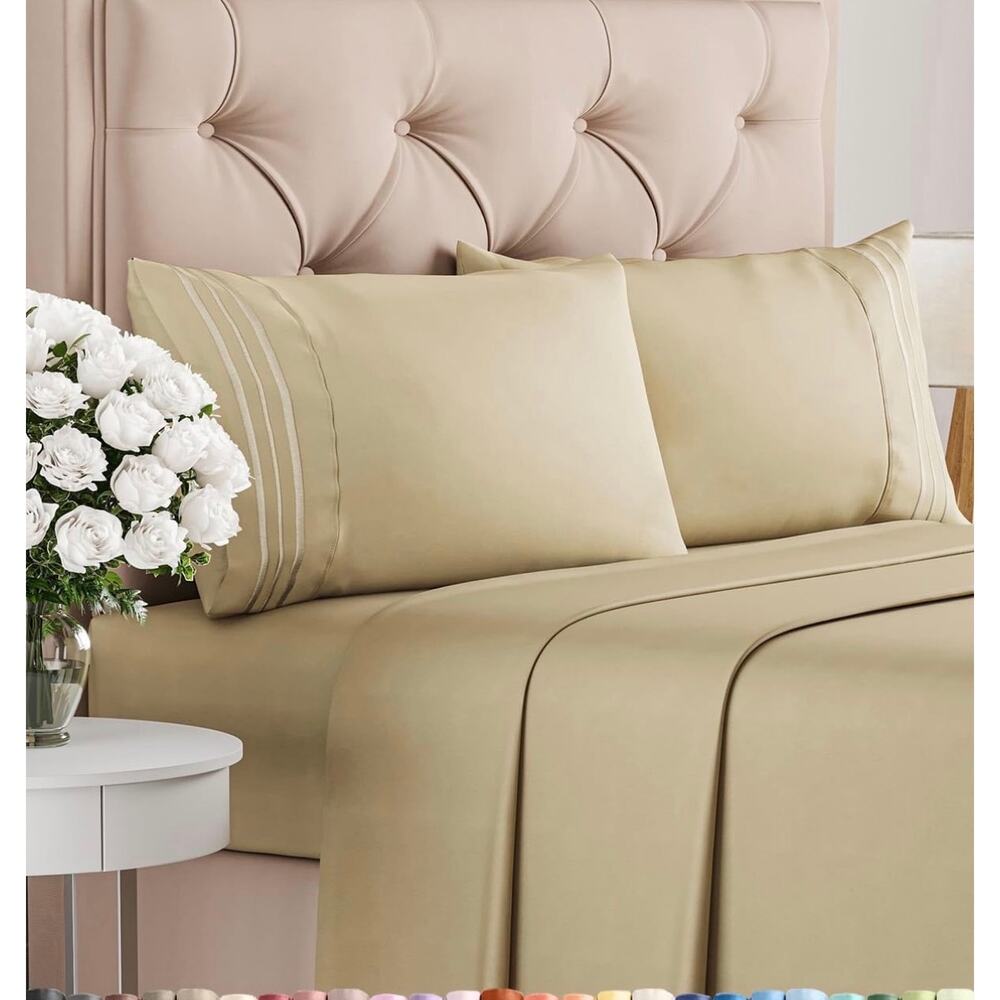 Queen Size 4 Piece Sheet Set - Comfy Breathable & Cooling Sheets Beige